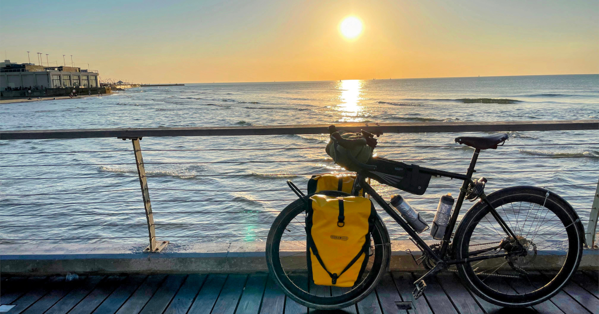 Sunset above a packed bicycle - Tel Aviv Port, Israel