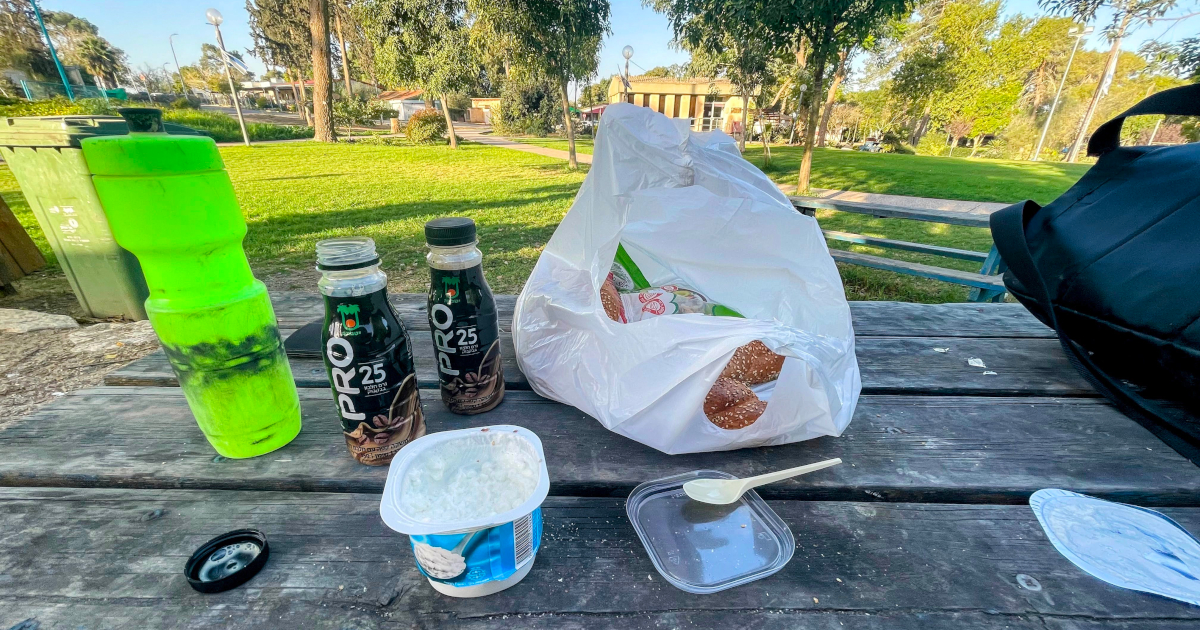 Cottage cheese, bagels, protein drinks and nuts for breakfast - Dvira, Israel